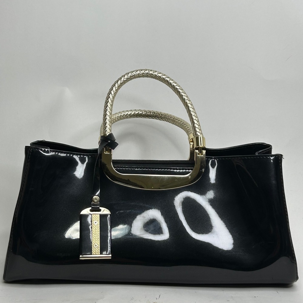 Black Patent Faux Leather East West Satchel Bag Handbag Gold Woven Handles‎ Zip